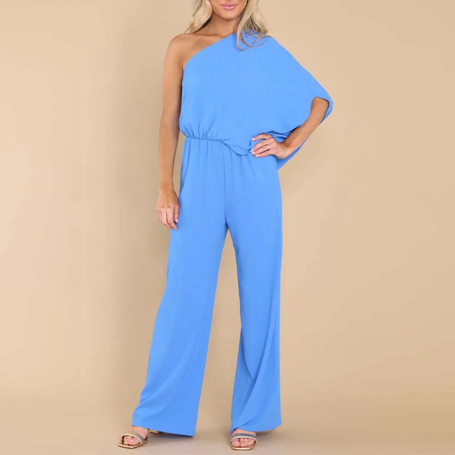 

Women's Asymmetrical Wide-Leg Jumpsuit, Oblique Shoulder, Casual One-sleeved Trousers, Loose, Fashion
