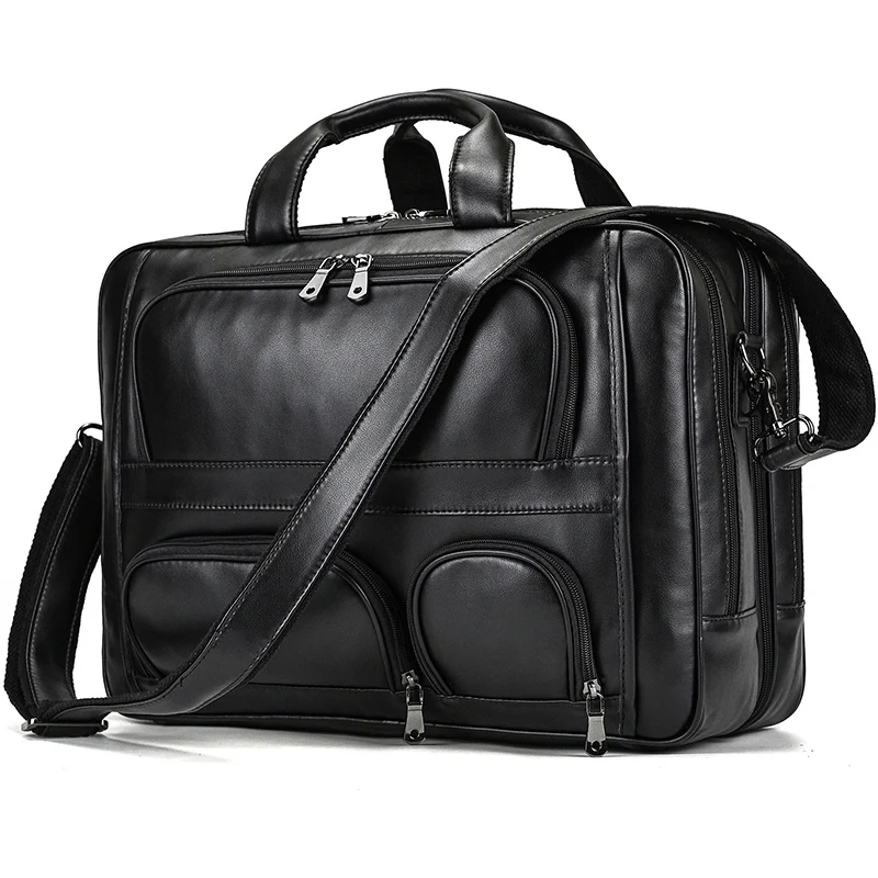 Double Zipper 17.3 Inch Laptop Briefcase Bag Genuine Leather Business Computer Bag For Men Male Multi Pocket Leather Handbag Men