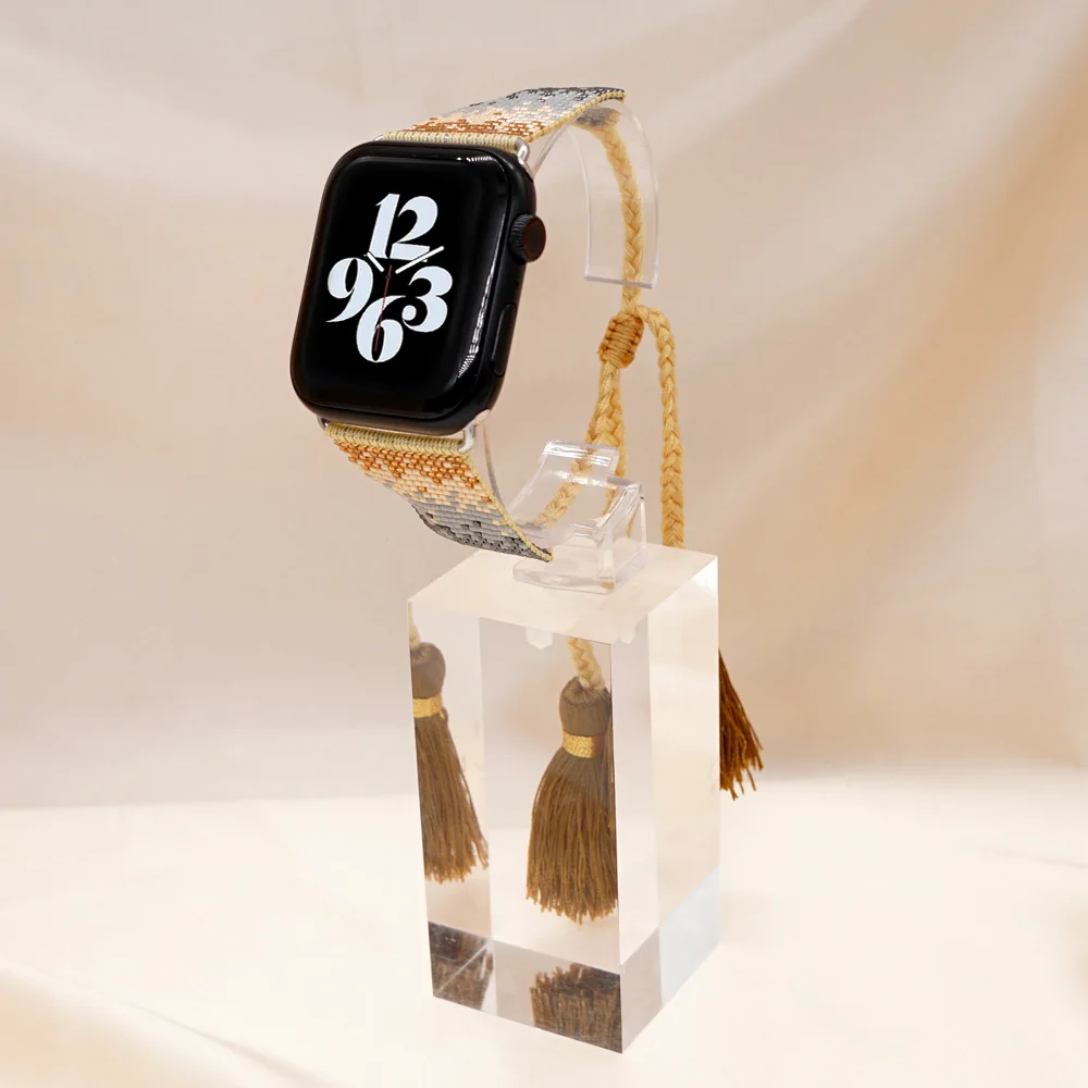 1PC Fabric Braided Rope Strap Minority Bohemian Style Rice Beads Hand Woven Geometric Tassel for Applewatch 42mm 44mm Strap