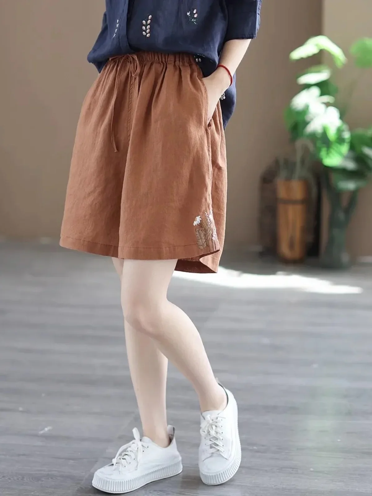 Хлопковые и льняные шорты весна-лето женские брюки с вышивкой модные широкие