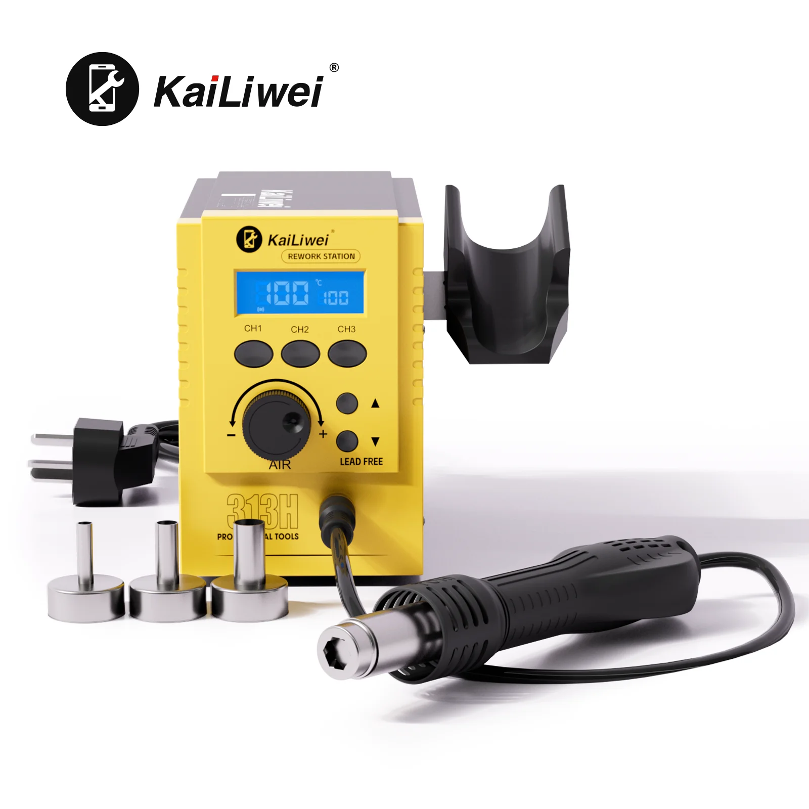

Kailiwei 700W Heat Solder Table SMD Rework Station Electronic Component Maintenance Anti-static Adjustable Hot Air Gun 313H