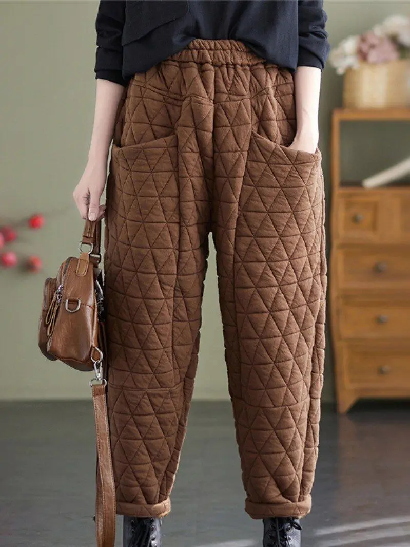 2022 Quilted Thickened Harem Pants Women's Winter Loose Fashion Diamond Casual Trousers Elastic Waist Outer Wear Cotton Pants