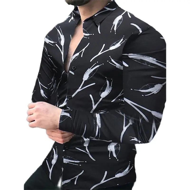 

New Fashion Social Men Shirts Slim Fit Turn-down Collar Buttoned Shirt Casual Print Long Sleeve Tops Mens Clothes Trend Cardigan
