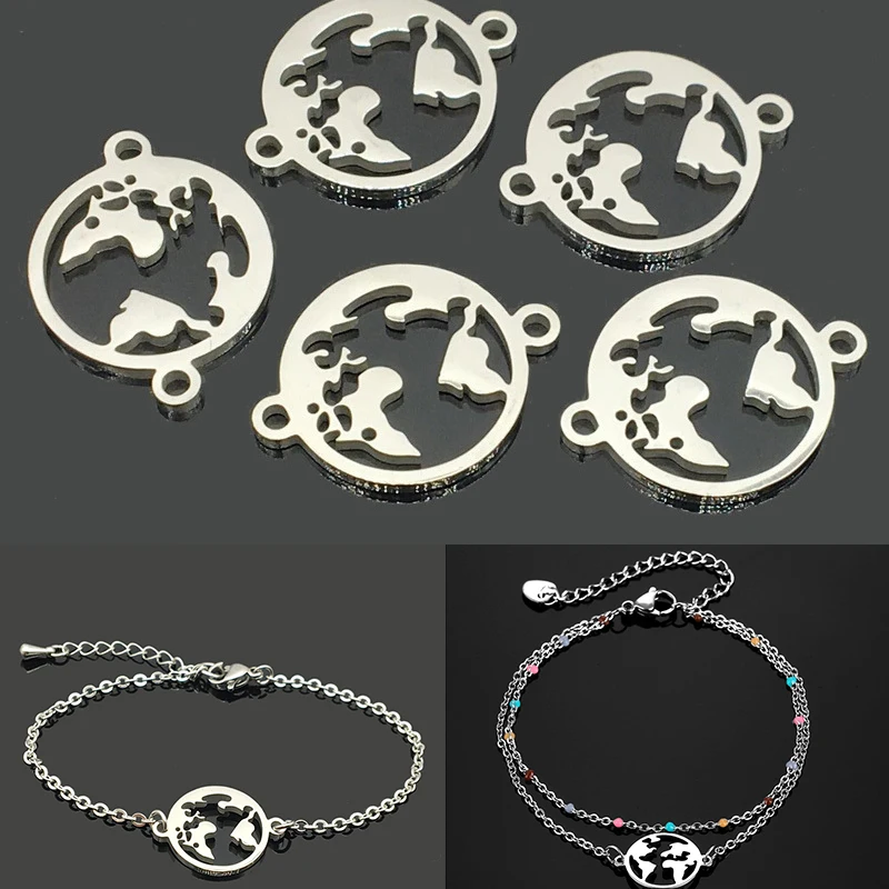 

10pcs 16mm Stainless Steel World Map Charms Earth Link Pendant Connector for DIY Bracelet Necklace Jewelry Handmade Making