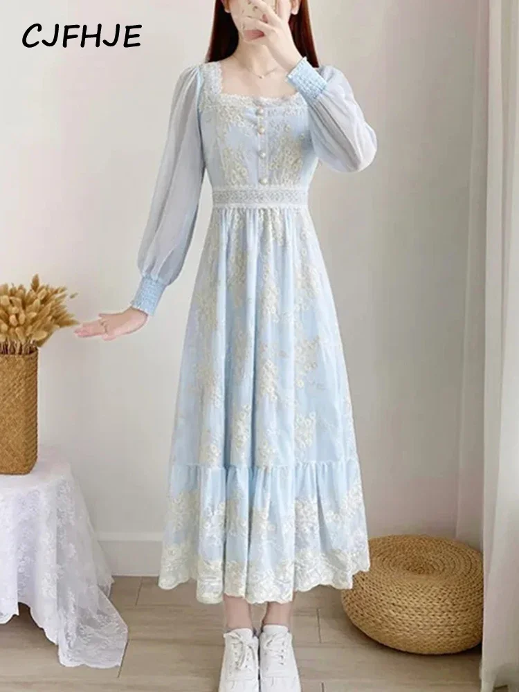 CJFHJE абрикосовое милое мягкое кружевное миди-платье на пуговицах с вышивкой