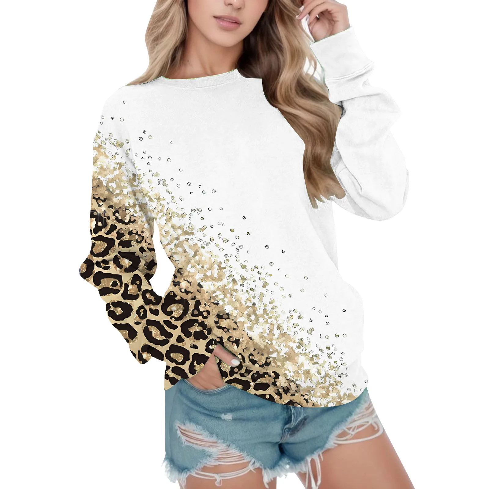

Womens Casual Leopard Print Crew Neck Sweatshirt Long Sleeve Top Cute Pullover Loose Version Pullover Oversized Crop Tops Women