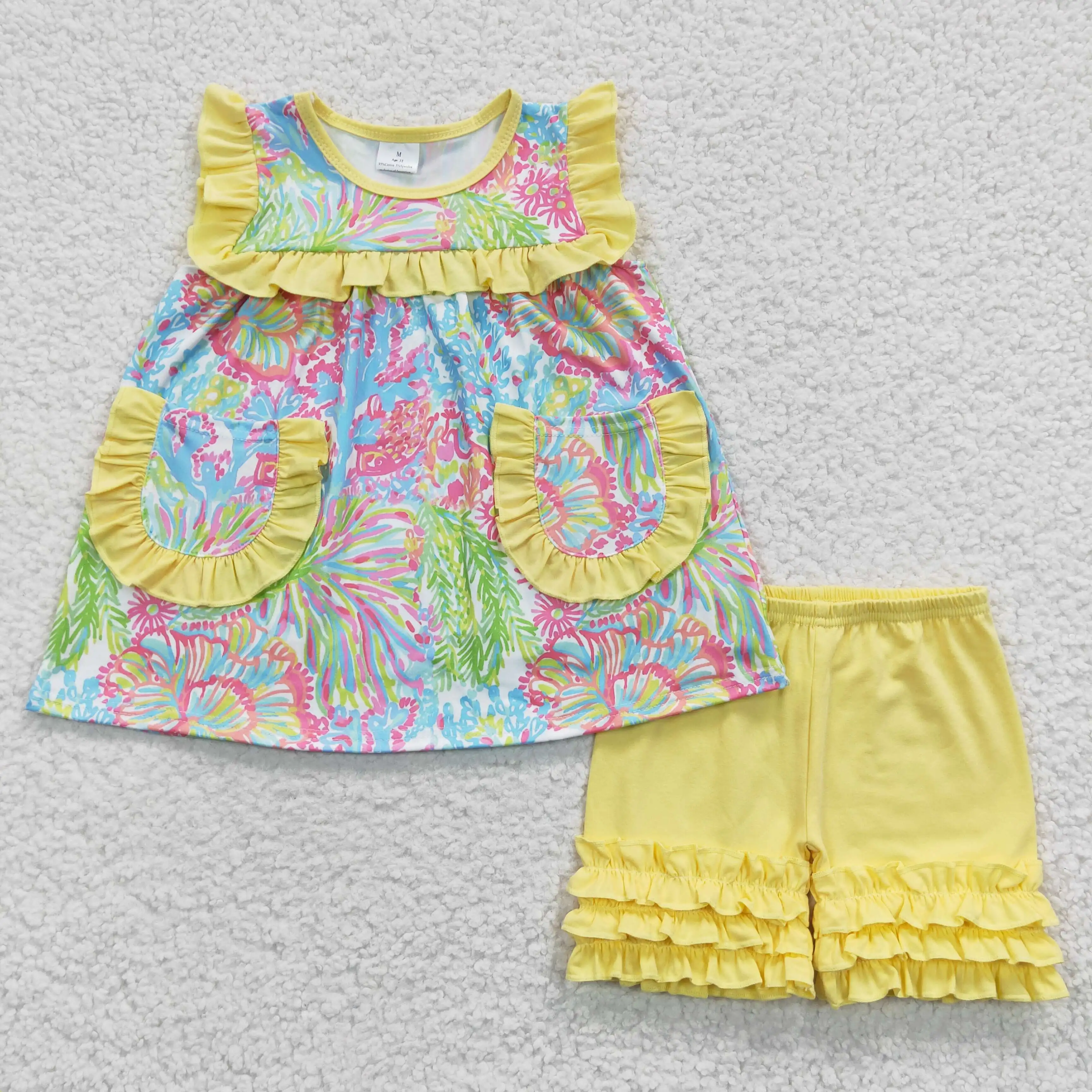 

2023 N​ew Arrival RTS Boutique Toddler Summer Yellow Outfits Floral Colorful Baby Girls Ruffle Short Sets