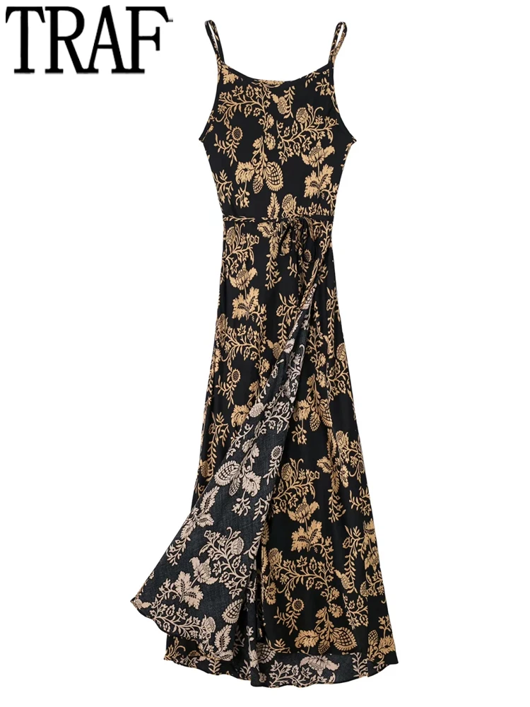 

TRAF Black Slip Long Dress Women Vintage Floral Gothic Dress Woman Tied Party Dresses Ladies 2022 Sleeveless Summer Dresses