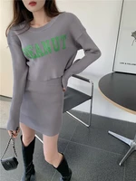 chic streetwear knitting suit for women o neck long sleeve crop pullover sweater top mini skirt lady sweet two pieces suit