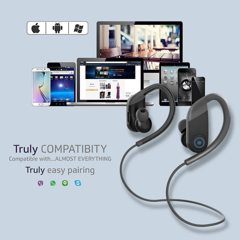 Беспроводные наушники Bluetooth для спорта с крючком за ухом, стойкими к воде и ударам, с микрофоном и стерео-звуком с глубоким басом, с возможностью работы в режиме ожидания до 12 часов для iPhone.