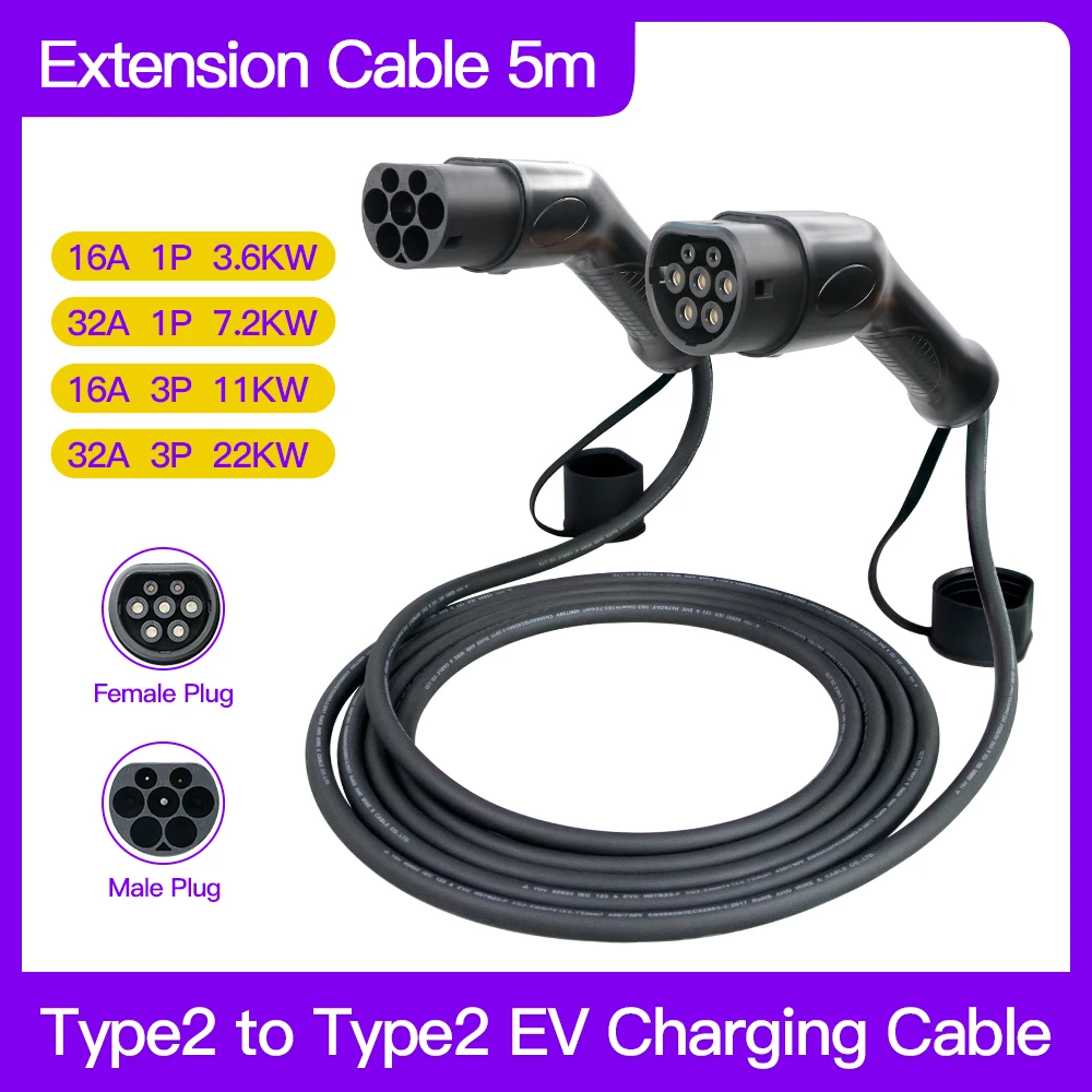 

EV Charging Cable 32A 3 Phase 22KW IEC 62196-2 Type2 to Type2 EVSE Cord Electric Vehicle Charging With 5 Meters Cable