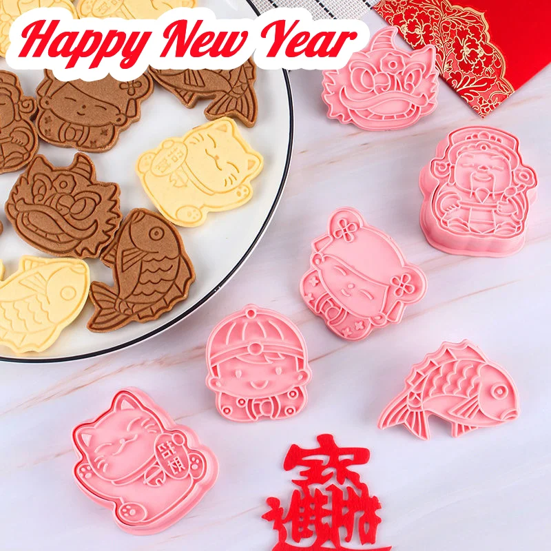 

2022 Chinese Happy New Year Cookie Cutters Mold 3D Fortune Cat Boys Girls Fish Shape Cookie Run Baking Tools Kitchen Accessories