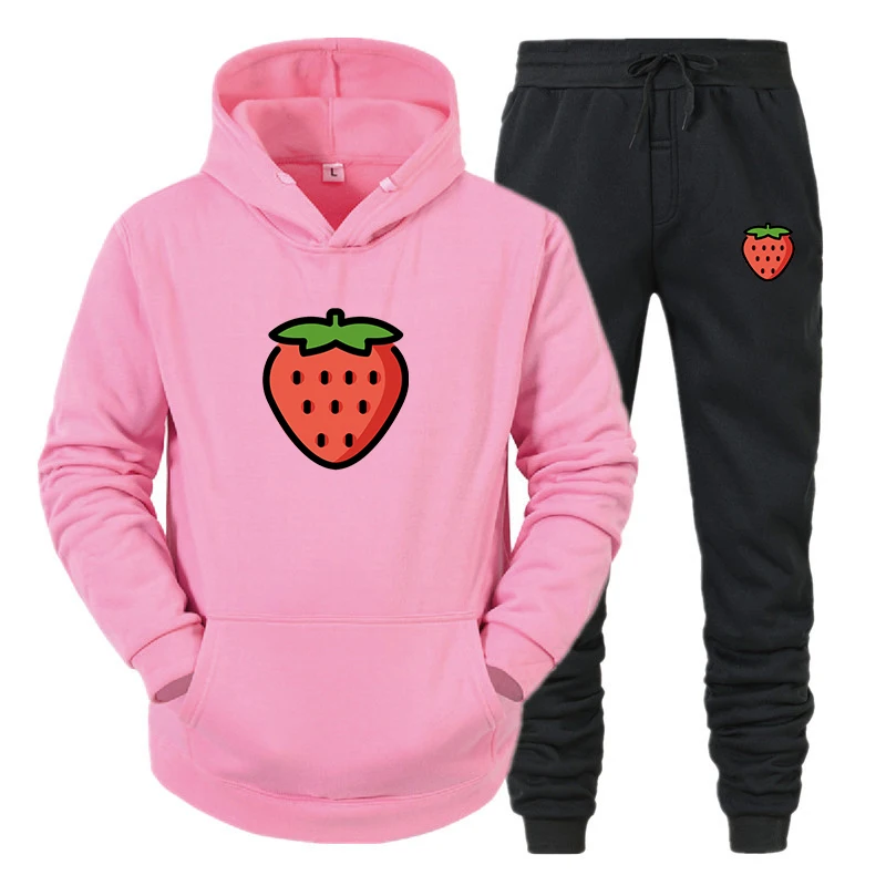 Strawberry Printed Women Tracksuit Hoodies+Pants Fleece 2Pieces Set Streetwear Sweatershirts Sweatpants Streetwear Outfits