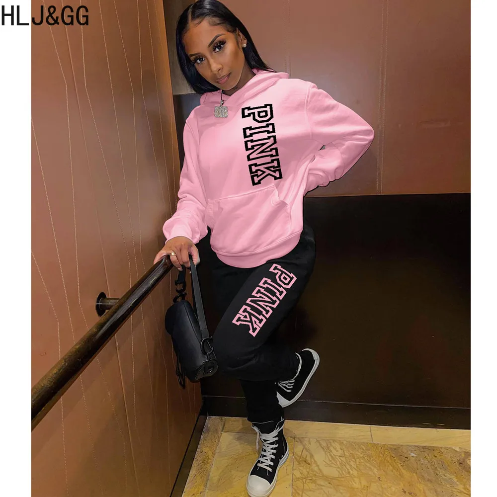 

HLJ&GG Casual PINK Letter Print Two Piece Sets Women Outfits Winter Long Sleeve Hooded Top + Jogger Pants Tracksuit Outfits 2023