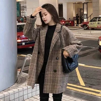 2021 korean womens autumn mid length coats loose plaid woolen coat for female fashion lapel slim jackets clothing windbreaker