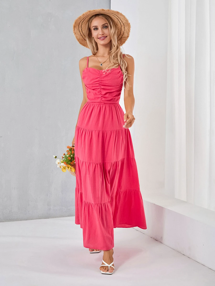

Модное винтажное женское платье в стиле бохо на бретелях-спагетти, длинное платье без рукавов, с квадратным вырезом и завязкой сзади, ТРАПЕЦИЕВИДНОЕ пляжное платье