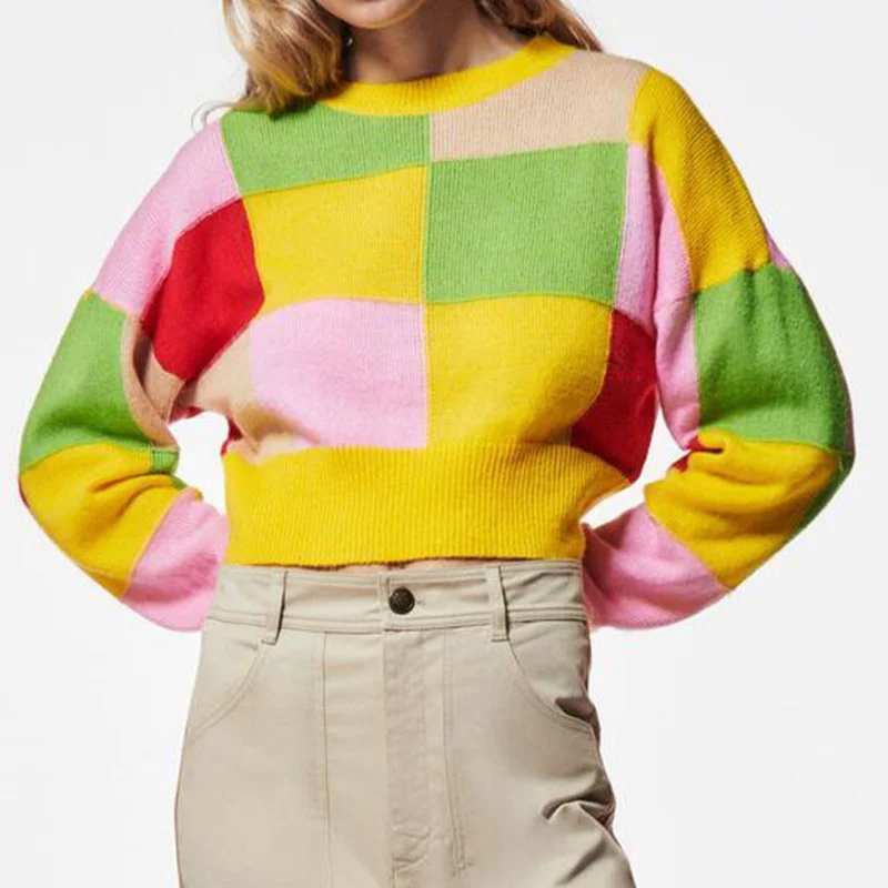 

2022 Plaid Patchwork Women Sweater Autumn Vintage Long Sleeve Fashion Streetwear Clothing Casual Female Knitted Pullovers