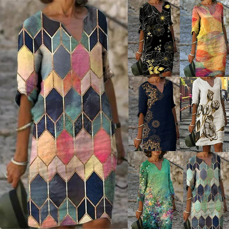 

Elegant Women Dress Summer Vintage Print V-Neck Half Sleeve A-Line Dress Sundress 2022 Fashion Female Loose Dresses Vestidos