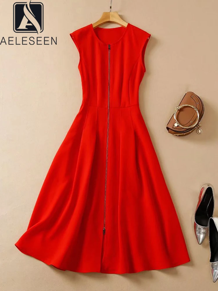 AELESEEN 2022 Summer Designer New Dress Women Red Sleeveless Elegant O-Neck Fashion Slim Office Lady