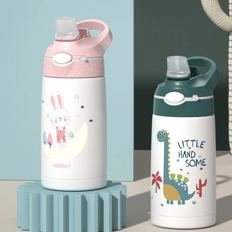 380ML Kids Water Bottle with Straw Flip Top Stainless Steel 
