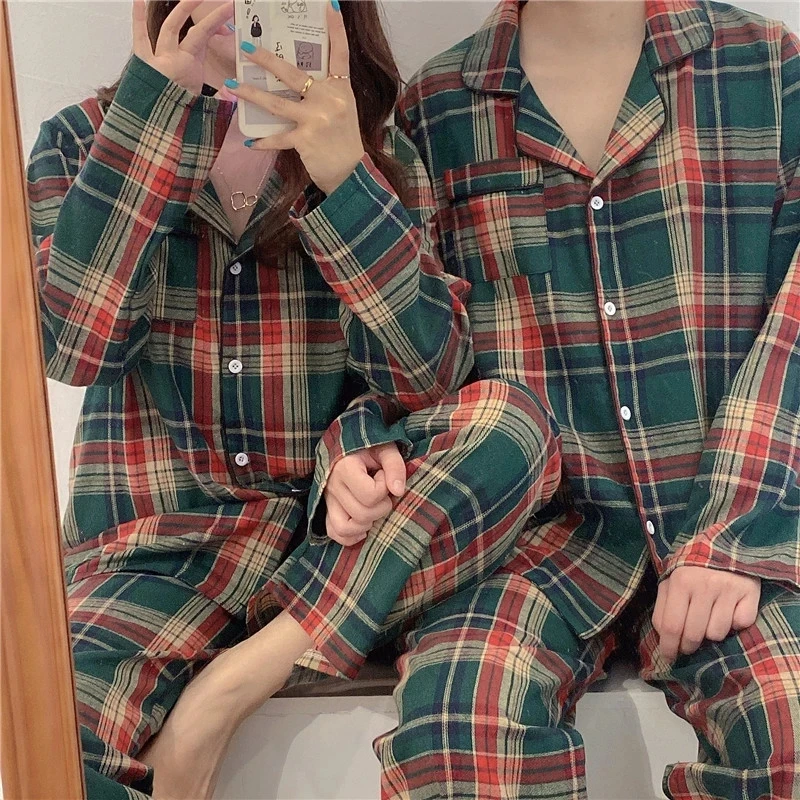 Green Plaid Women's Loose Pajama Suit Comfort Woman Men Sleepwear Cotton Spring Autumn Couple Homewear Female Christmas Nighwear