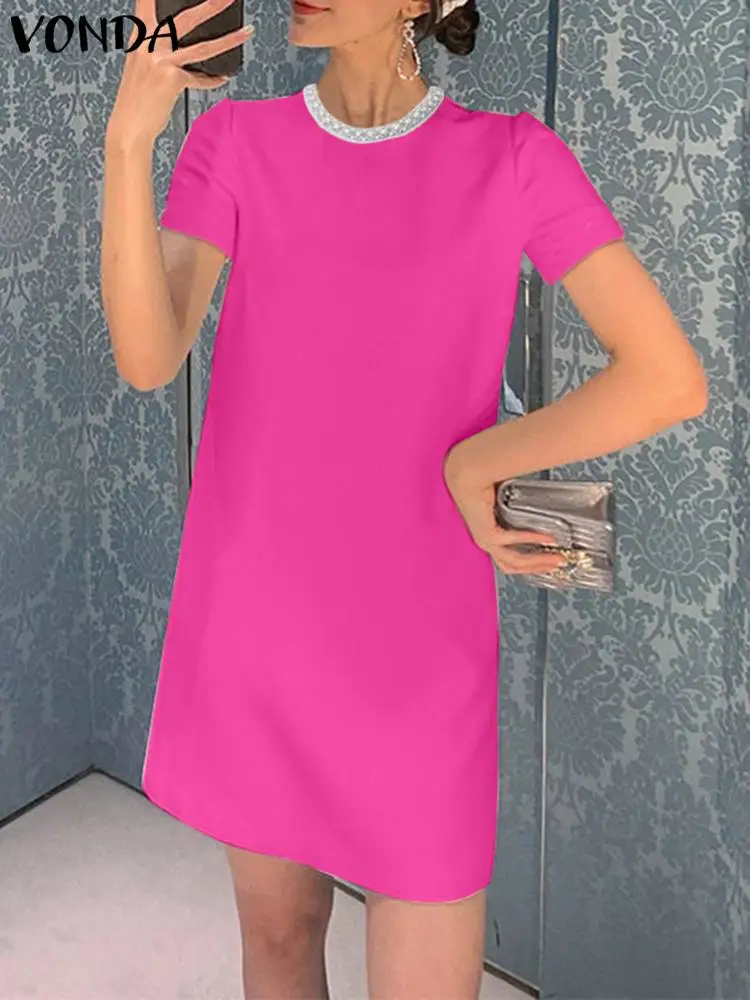 

Party Mini Dress VONDA 2023 Women Vintage Solid Color Sundress Bohemain Dresses Casual Short Sleeve Robe Femme Vestidos Baggy