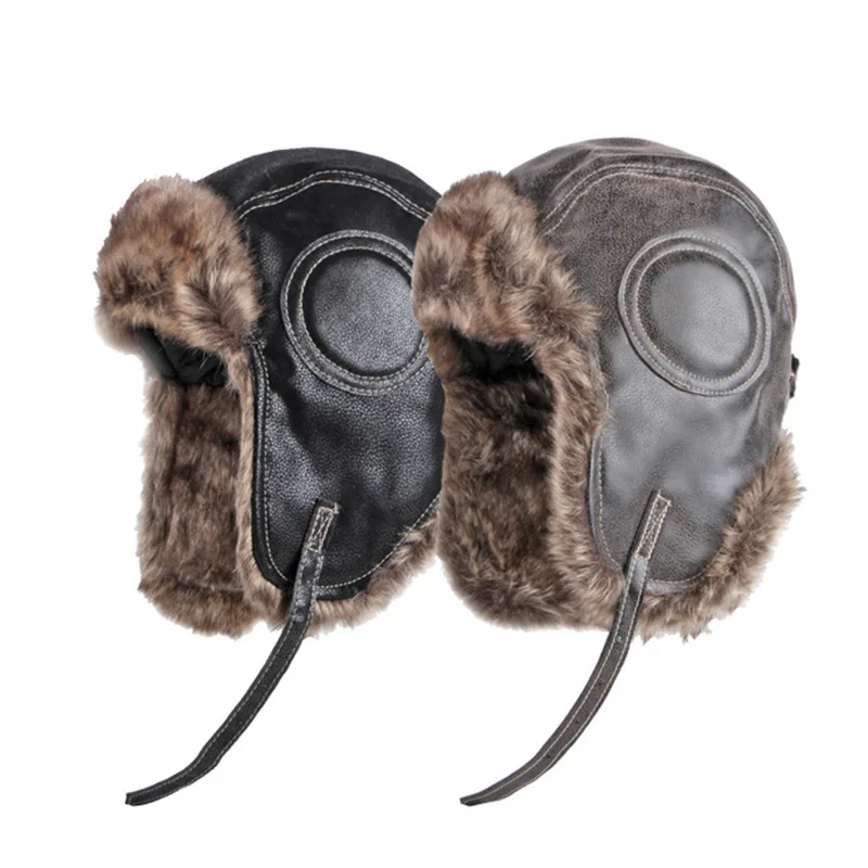 

Hat Men's Autumn And Winter Ear Protection Lei Feng Hat PU Leather Waterproof Outdoor Windproof Riding Hat Women's Pilot Hat