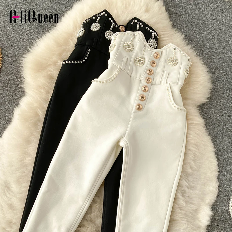Streetwear Spring Women Luxury Embroidered Flares Pencil Pants Trousers White Black Slim High Waist Girls Single Buttons Pants
