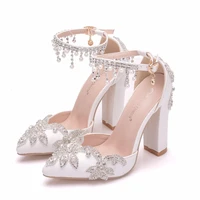 wedding shoes bride heels crystal pumps christmas day evening party luxury square heel sandals woman shoes