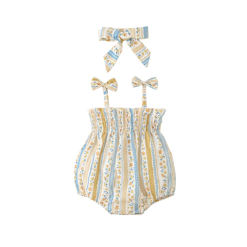 

Комбинезон для маленьких девочек 0-18 месяцев, эластичный комбинезон на бретелях-спагетти без рукавов с цветочным принтом в Вертикальную Полоску + повязка на голову