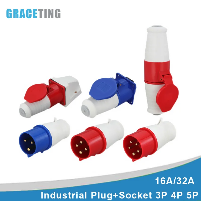 

Industrial Plug and Socket 3Pin 4Pin 5Pin Electrical Connector 16A 32A IP44 Waterproof 220V 380V 415V Male Female