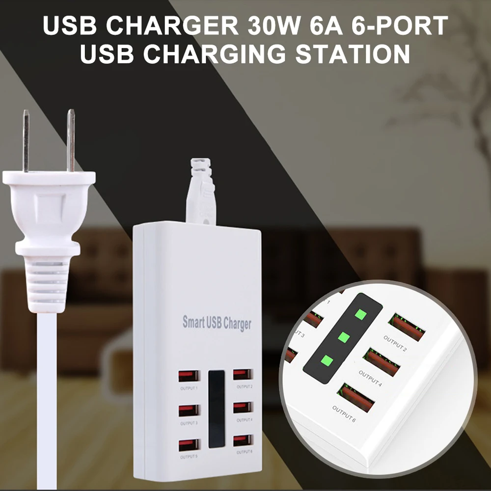 Настольное зарядное устройство BAECOAR 6A с 6 USB-портами и светодиодной подсветкой |