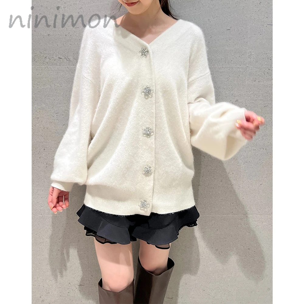 

NINIMON Women Knitting Cardigans Flower Shape Single Breasted V Neck Knitted Jacket Casual Solid Sweaters Autumn Winter Top New