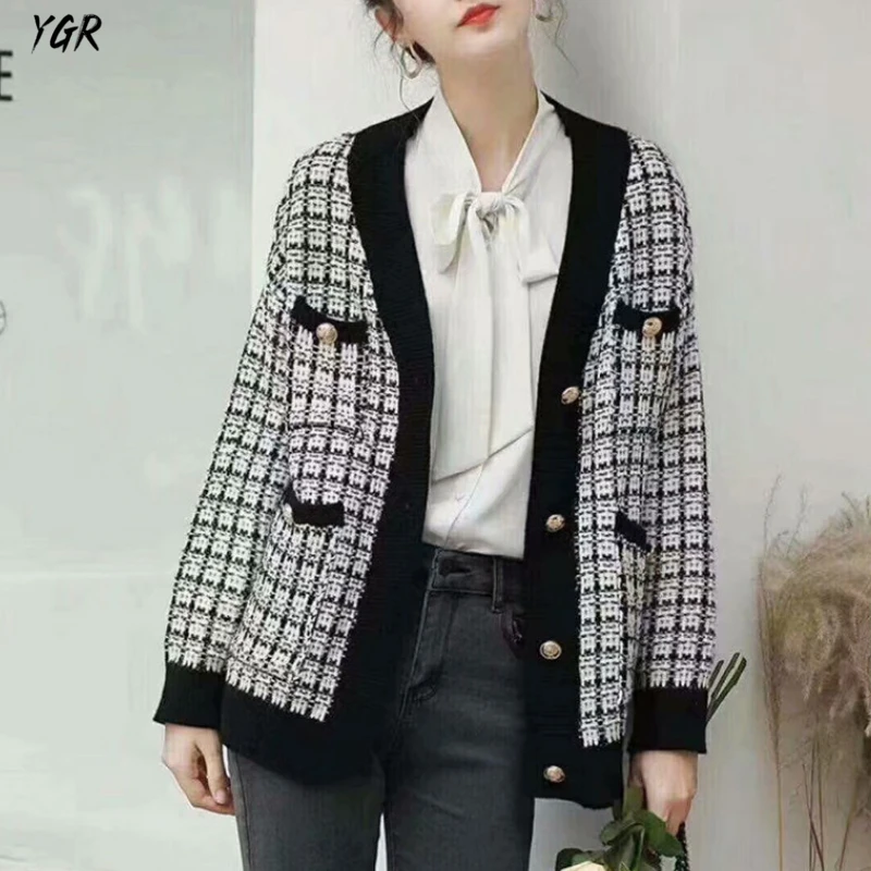 

Women Black Plaid Sweater Loose White Casual Pockets Green Cardigan Winter Spring Outwear Female Tops Femme Chandails Pull Femme