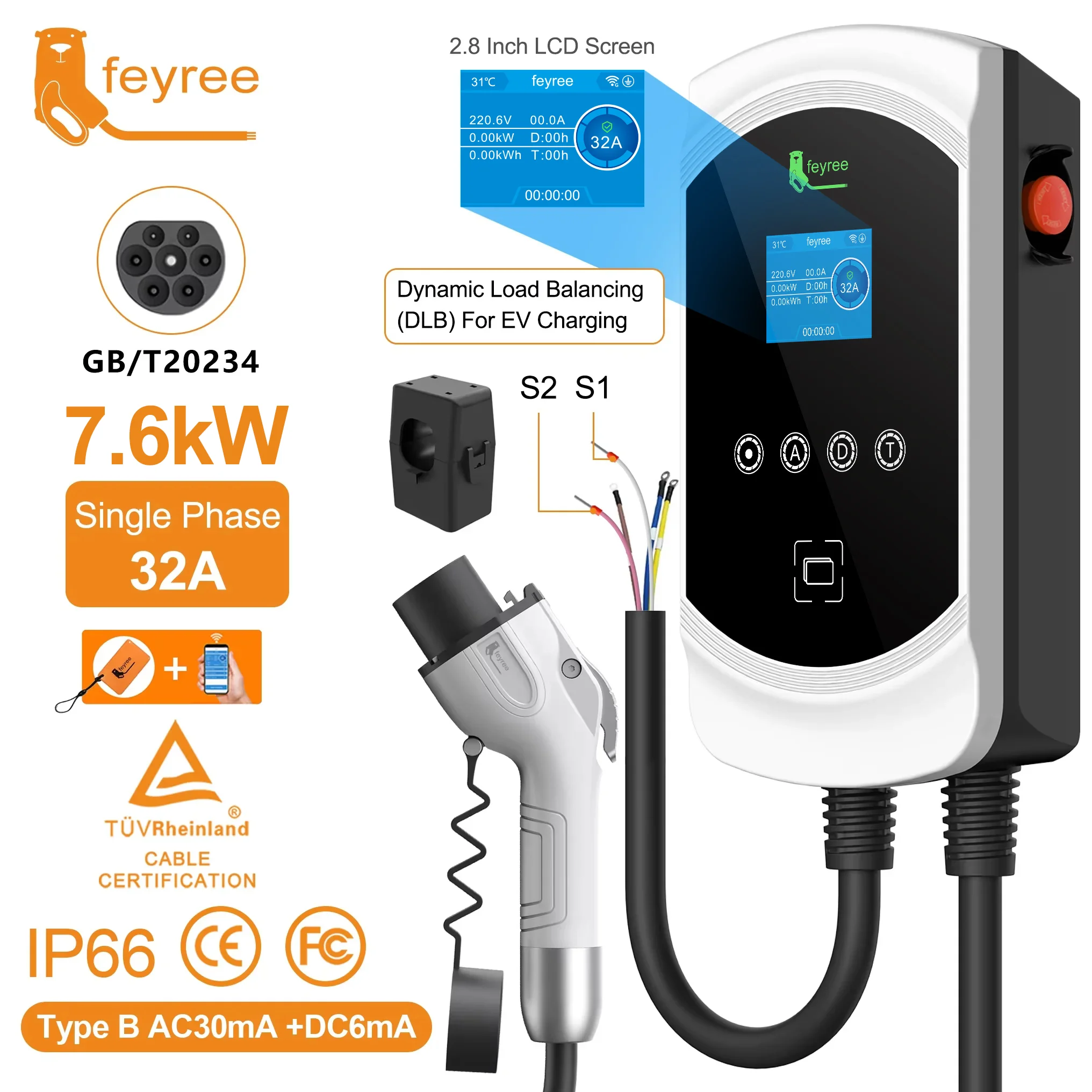 

Зарядная станция Feyree EV Charger с разъемом GB/T, динамической балансировкой нагрузки, 7 кВт, 11 кВт, 22 кВт, управление через приложение, для электромобилей, настенный зарядный блок EVSE