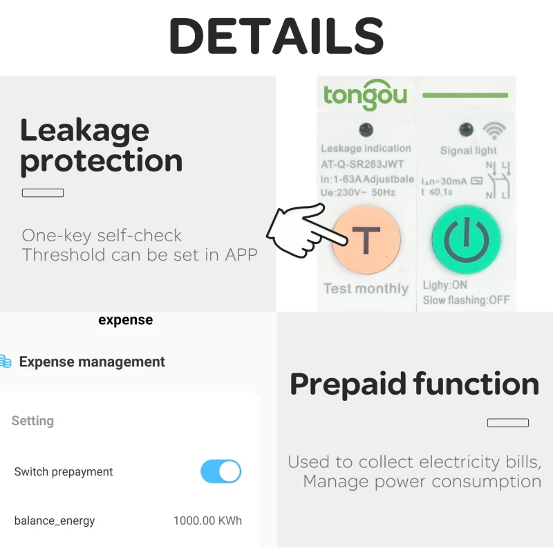 

2P WIFI Energy Meter Kwh Metering Monitoring Circuit Breaker 1-63A Adjustable Timer Relay With Leakage Protection Tuya Smart