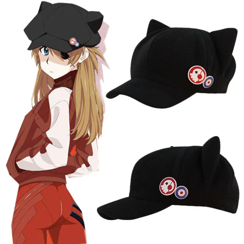 EVA Hats Shikinami Asuka Rangure Cat Ear Polar Fleece Hat Peak Baseball Cap Anime Cosplay Accessories Summer Winter