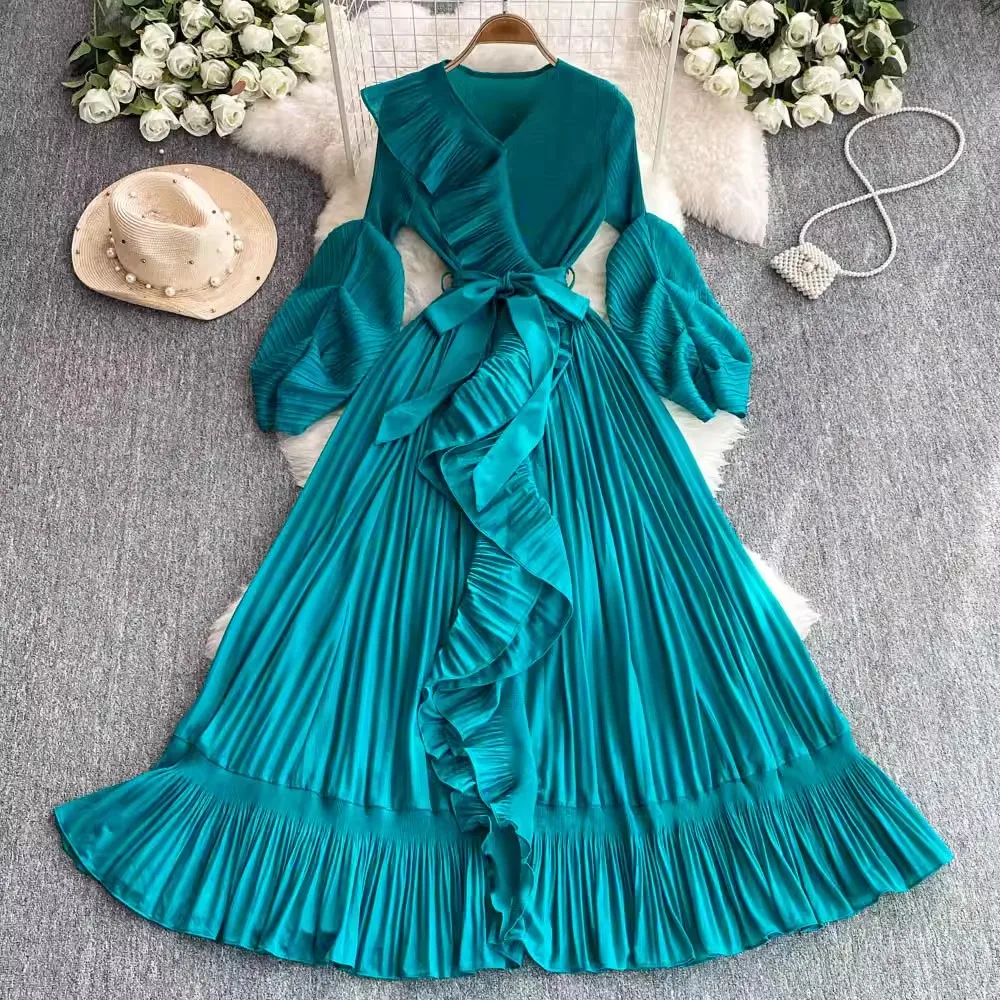 Модное женское плиссированное длинное платье с v-образным вырезом и шнуровкой на