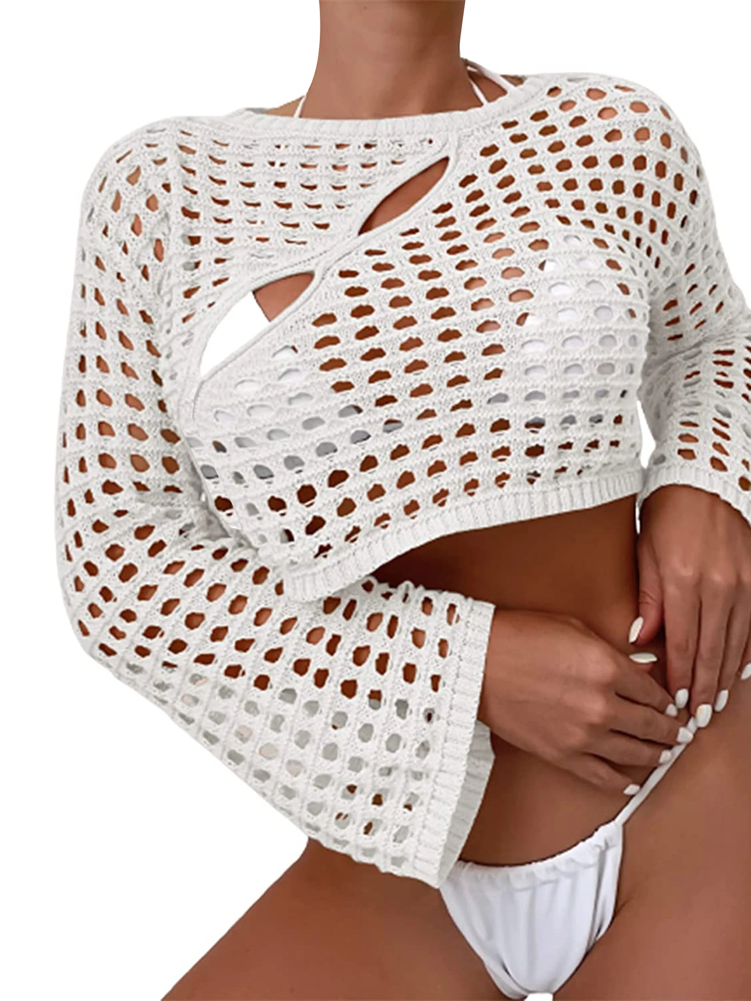 

Пуловер женский ажурный с воланом, с длинным рукавом