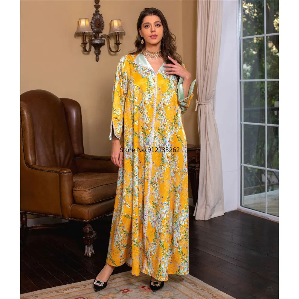 Floral Abaya Arabic Evening Long Dresses for Women Diamonds Trim Muslim Ramadan Evening Moroccan Kaftan Saudi Gulf Jalabiya Gown