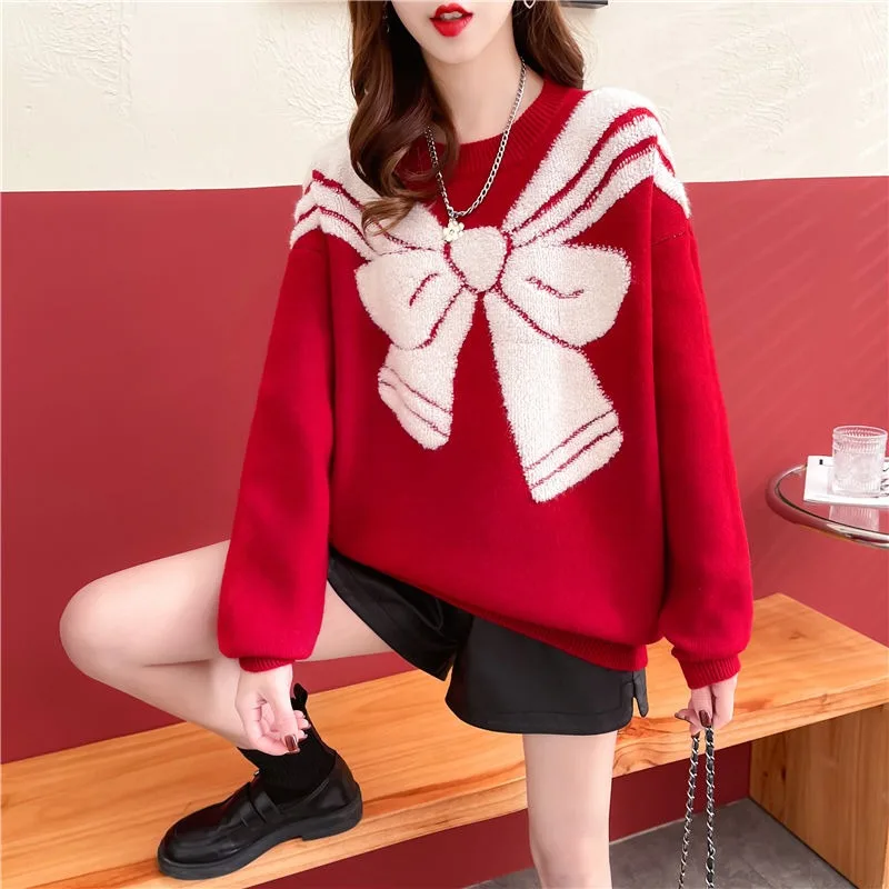 Женский вязаный свитер с бантом DAYIFUN свободные джемперы круглым вырезом и