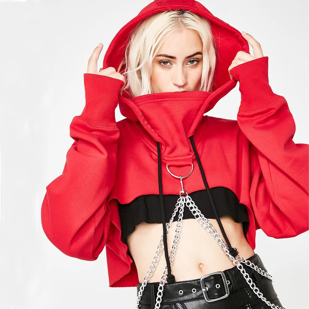 

Gothic Black Hoodie Y2k Tailoring Women's Short Cropped Pullover Street Retro Chain Punk Fashion Sweatshirt 2021 Autumn New