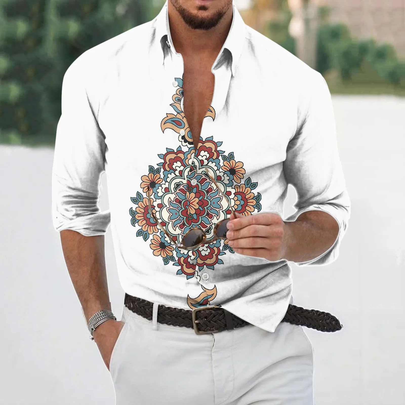 

Рубашка мужская с лацканами и длинными рукавами, модная сорочка для отдыха в американском ретро стиле, в этническом стиле, на пуговицах, осе...