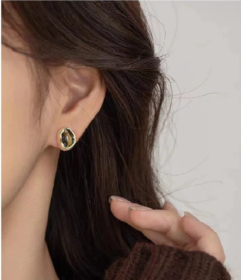 Новые серьги в стиле Майяра кофейного цвета с тигровыми глазами и камнями модные