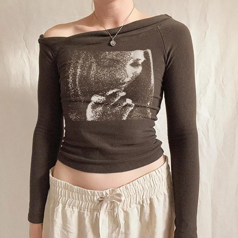 

Brown Woman Tshirts Long Sleeve Print Tees 2023 Ropa Mujer tee autumn winter harajuku crop Casual Y2k T Shirt Aesthetic