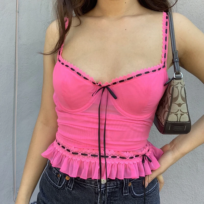 

Сексуальные сетчатые прозрачные розовые майки Y2k на шнуровке, милые эстетичные майки с V-образным вырезом для девушек, укороченные топы на ш...