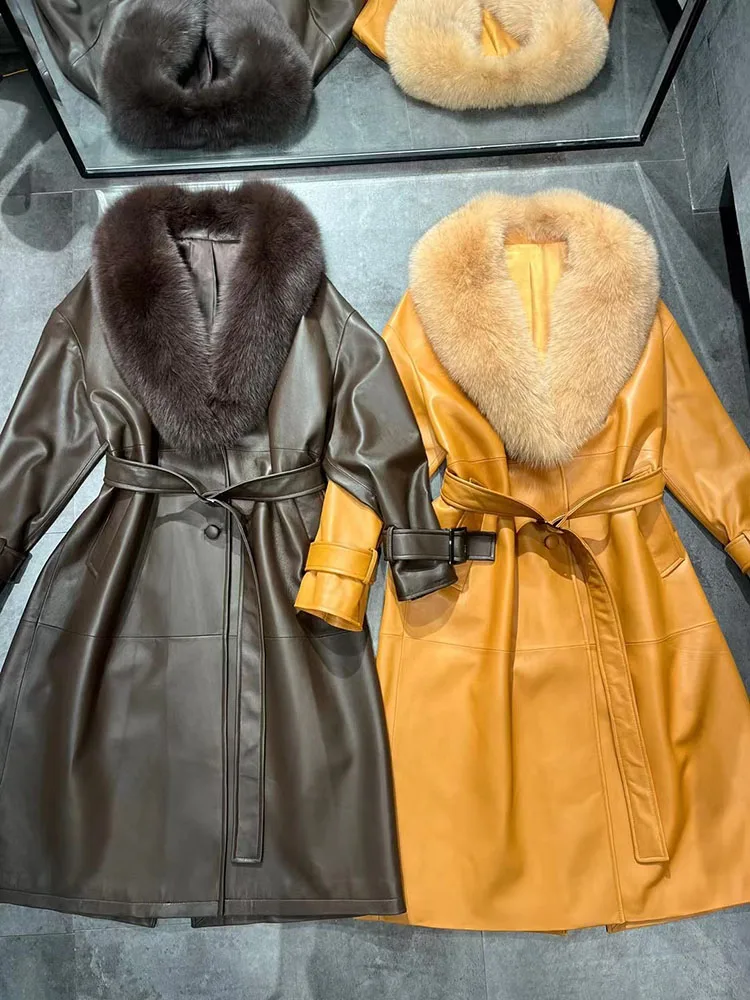 

Женский Длинный тренчкот из натуральной кожи, пальто с воротником из натурального Лисьего меха, верхняя одежда в Корейском стиле, 2022