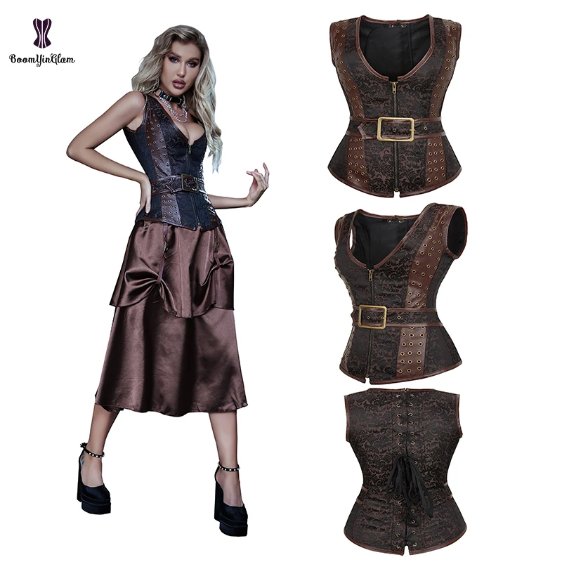 12 Spiral Steel Bones Steampunk Clothing Women Strap Buckle Corset Zip Body Shaping Vest Brown Gothic Corselet Plus Size S-XXL