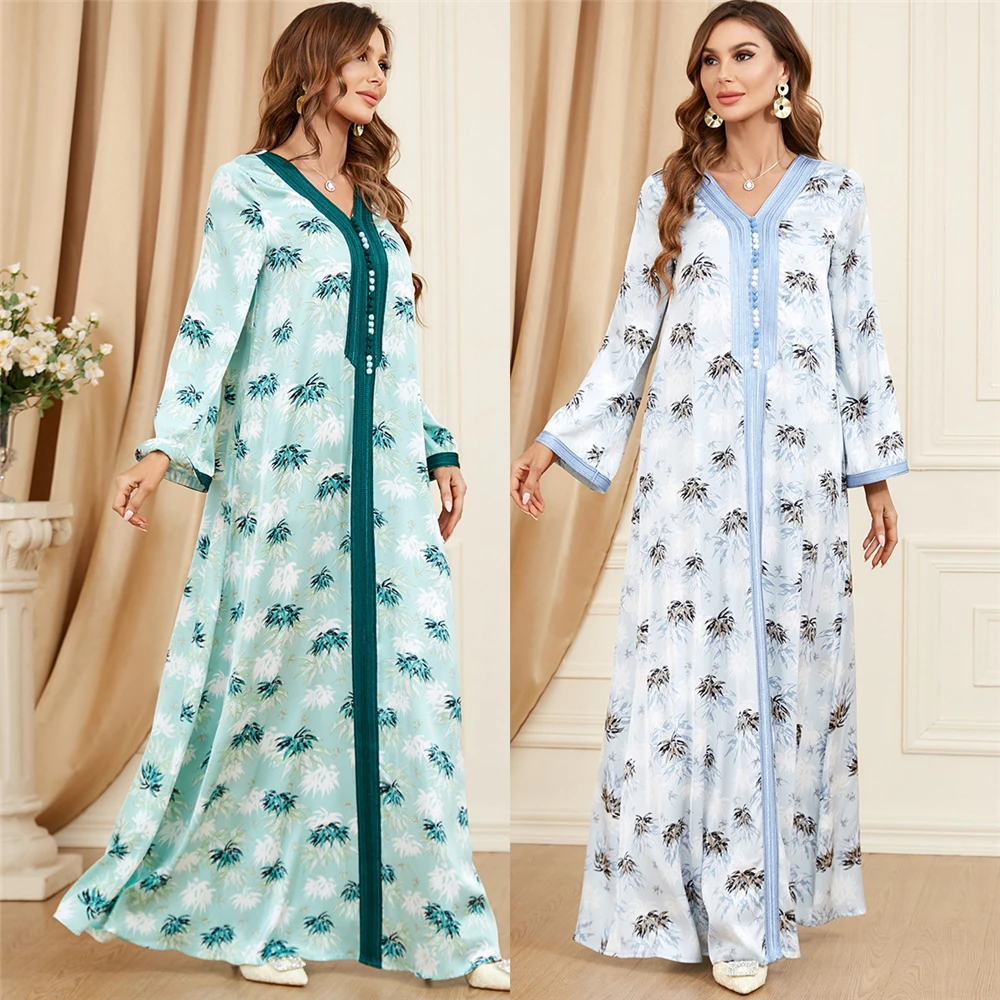 

Eid Dress For Women Urban Casual Spring Plant Printing Modest Dress Vintage Lace Tape V-Neck Robe Muslim Abaya Ramadan Dresses