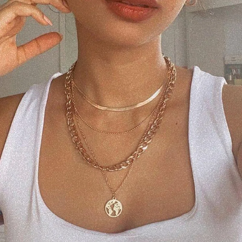 

Temperament Multi-layer Hollow Map Pendant Necklace for Women Clavicle Chain Statement Jewelry